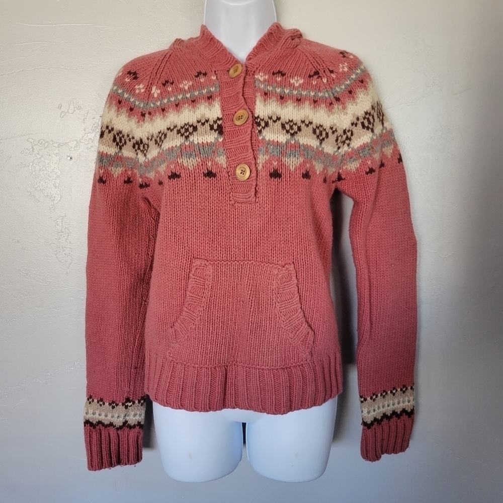Cielo Pink Hoodie Sweater Fair Isle Chunky Knit Hooded Wood Buttons Pullover Sm